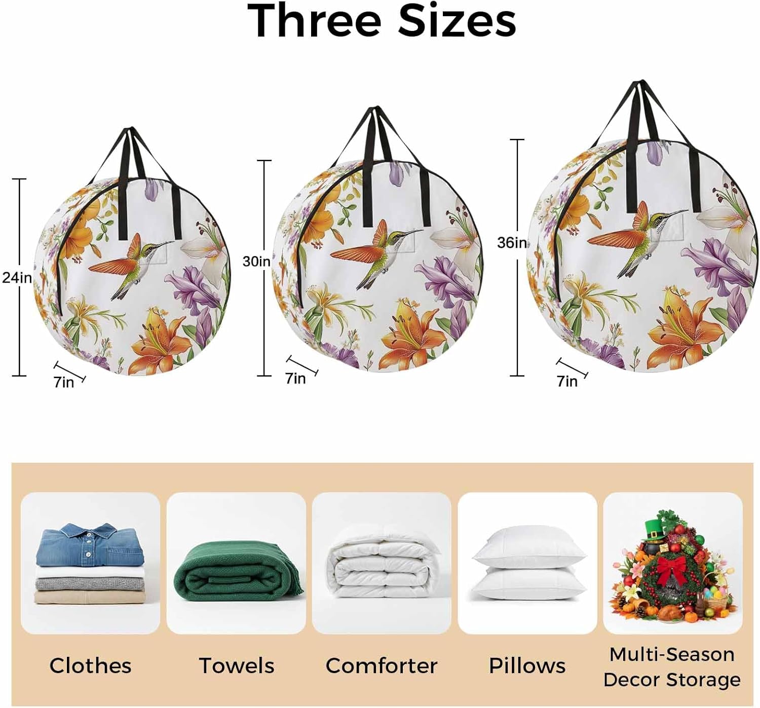 Spring Round Storage Bag 36 Inch, Hummingbird Wildflowers Retro Pastoral Scenery Clothes Storage Container with Handles Heavy Duty Organizer for Comforter, Bedding & Holiday Wreaths