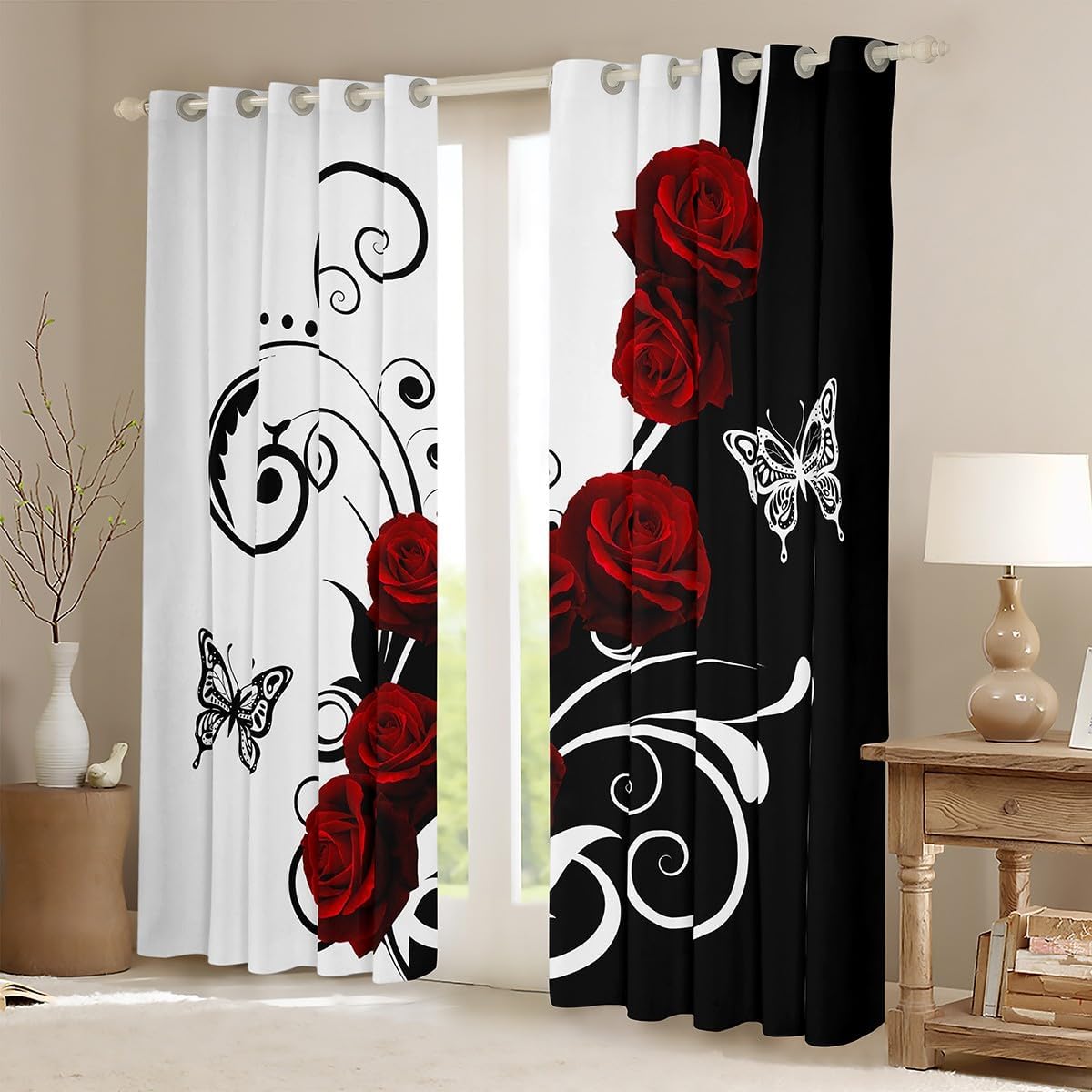 Castle Fairy Romantic Red Rose Window Curtains,Black and White Simple Style Window Drapes for Kids Teens Men,Romantic Valentine's Day Themed Window Treatments Grommet Top 2 Panel Set,52Wx90L inch