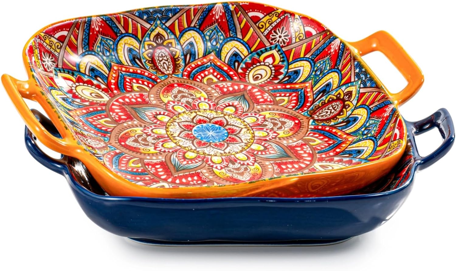 Besmeety Square Pasta Bowls with Handle, Boho Salad Serving Bowls Set of 2, Ceramic 7.09" Pasta Plates for Housewarming Present, Party (Orange+Blue)