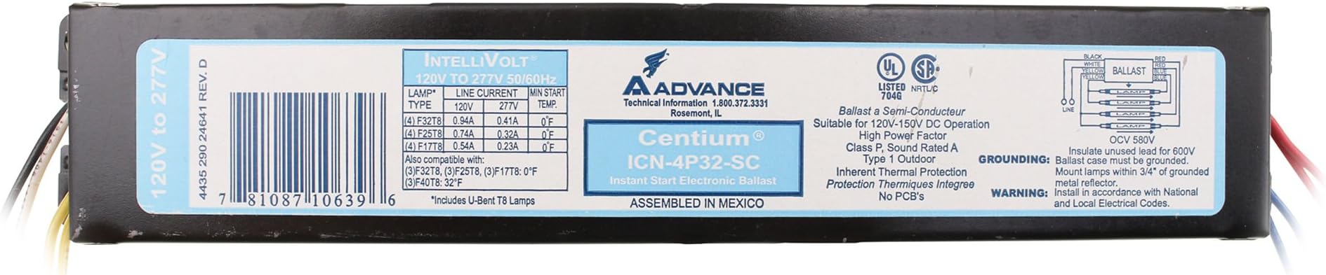 Advance ICN-4P32-SC Electronic Fluorescent Ballast, 4 Lamp, 32W T8, 120/277V
