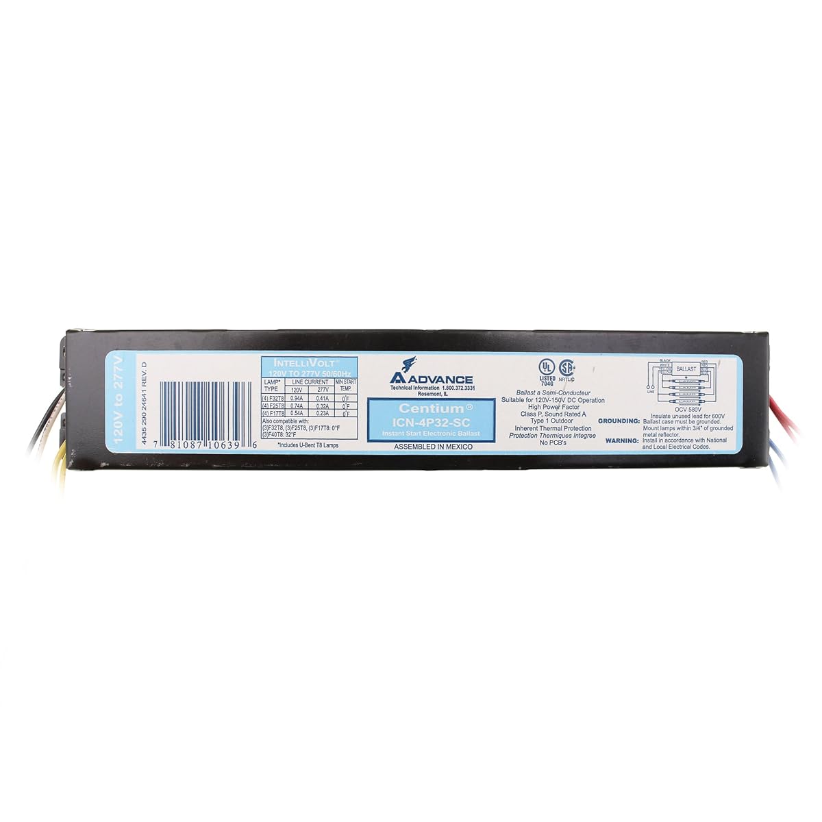 Advance ICN-4P32-SC Electronic Fluorescent Ballast, 4 Lamp, 32W T8, 120/277V,