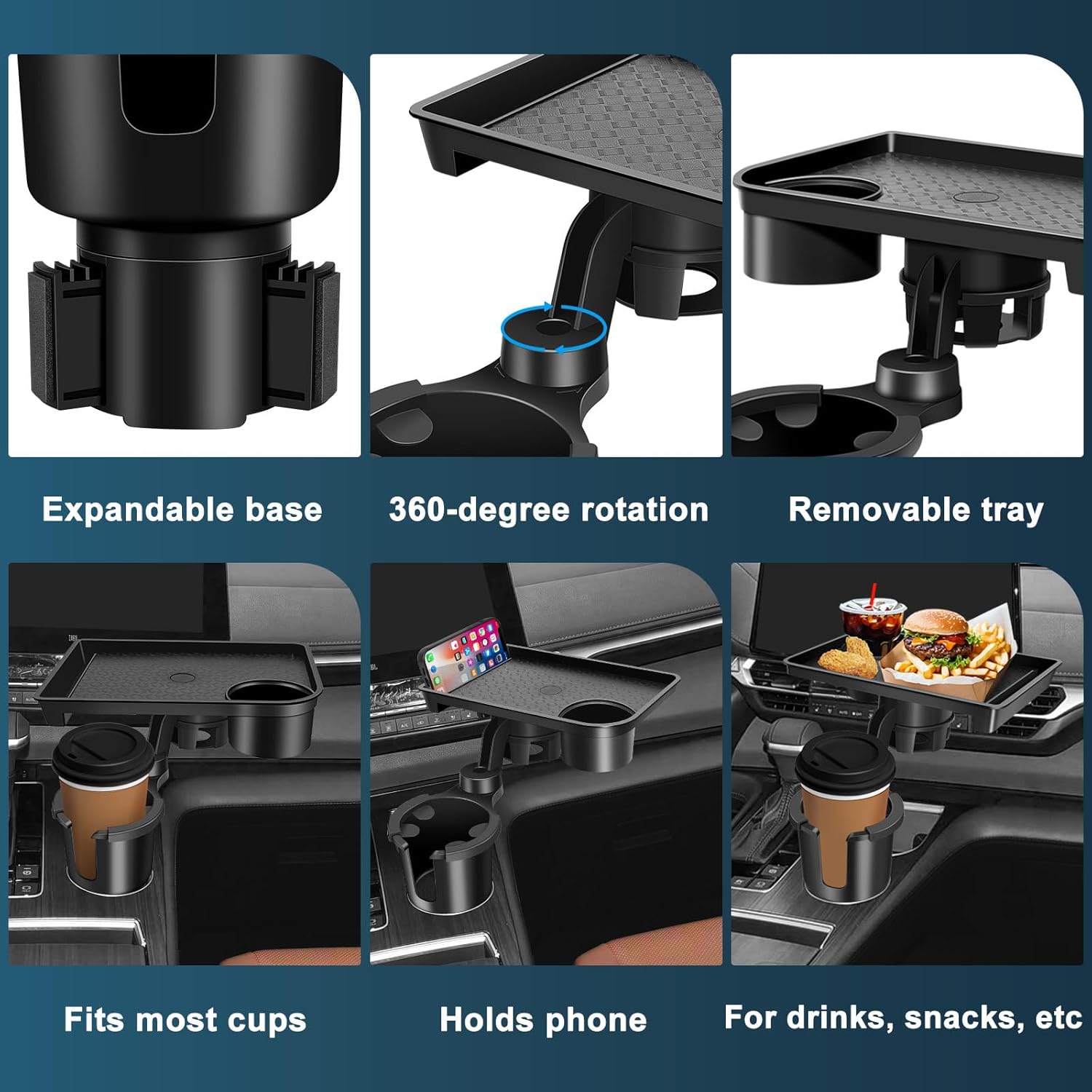 JPart Car Cup Holder Tray, Cup Holder Expander, 2 in 1 Detachable Car Food Tray with 360°Rotation Tray for Eating, Storage and Travel Road Essentials, Black