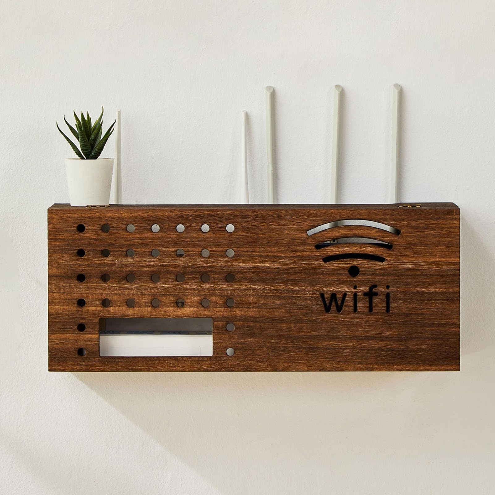 Pudełko do Przechowywania Routera WiFi, Drewniane Pudełko do Routera, Półka Ścienna do Routera WiFi, Organizer do Zarządzania Listwą Zasilającą I Kablami do Routera