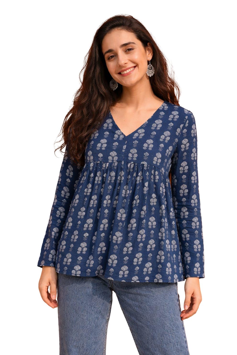 Women's Floral Block Print Peplum Top | V-Neck Full Sleeves Top for Women | Stylish Printed Peplum Tunic | Casual, Office Fashion Top-picture-41