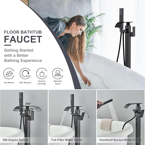 Miniatura 35 de Senlesen Grifo de bañera independiente cromado para baño, grifo de ducha de bañera montado en el piso con rociador de mano Cromo,Negro -,Oro