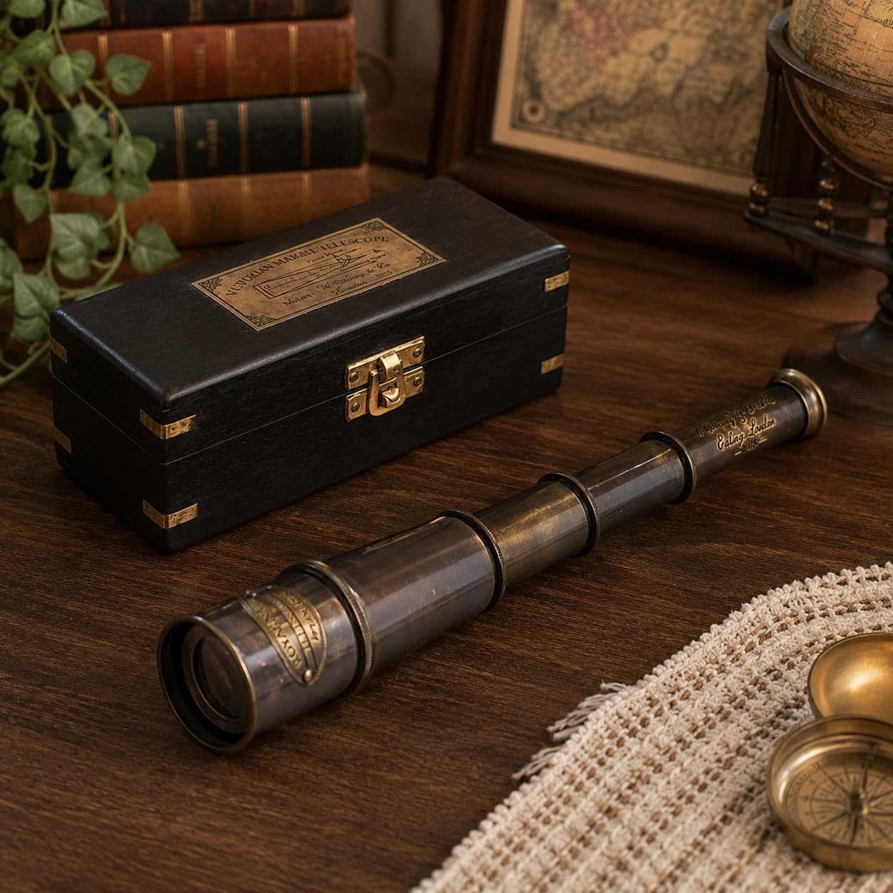 Vintage Handheld Telescope Nautical Maritime Scope for Hiking, Camping, Collectible Gift & Decor Antique Brass Pirate Spyglass 17" with Wooden Box