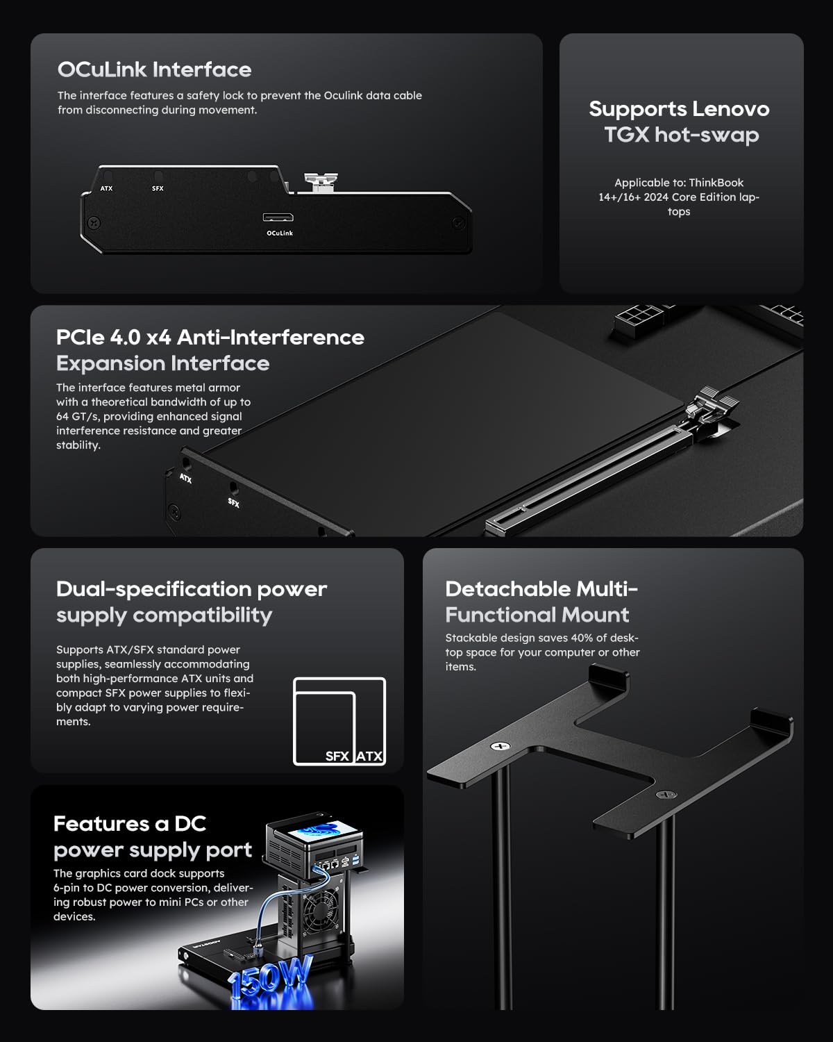 AOOSTAR EG01 eGPU Docking Station con OCuLink, Scheda grafica esterna GPU Dock PCIex16(PCIe4.0x4) 64Gbps, 150W DC, supporta alimentatore ATX/SFX, per mini PC/computer portatili/schede grafiche
