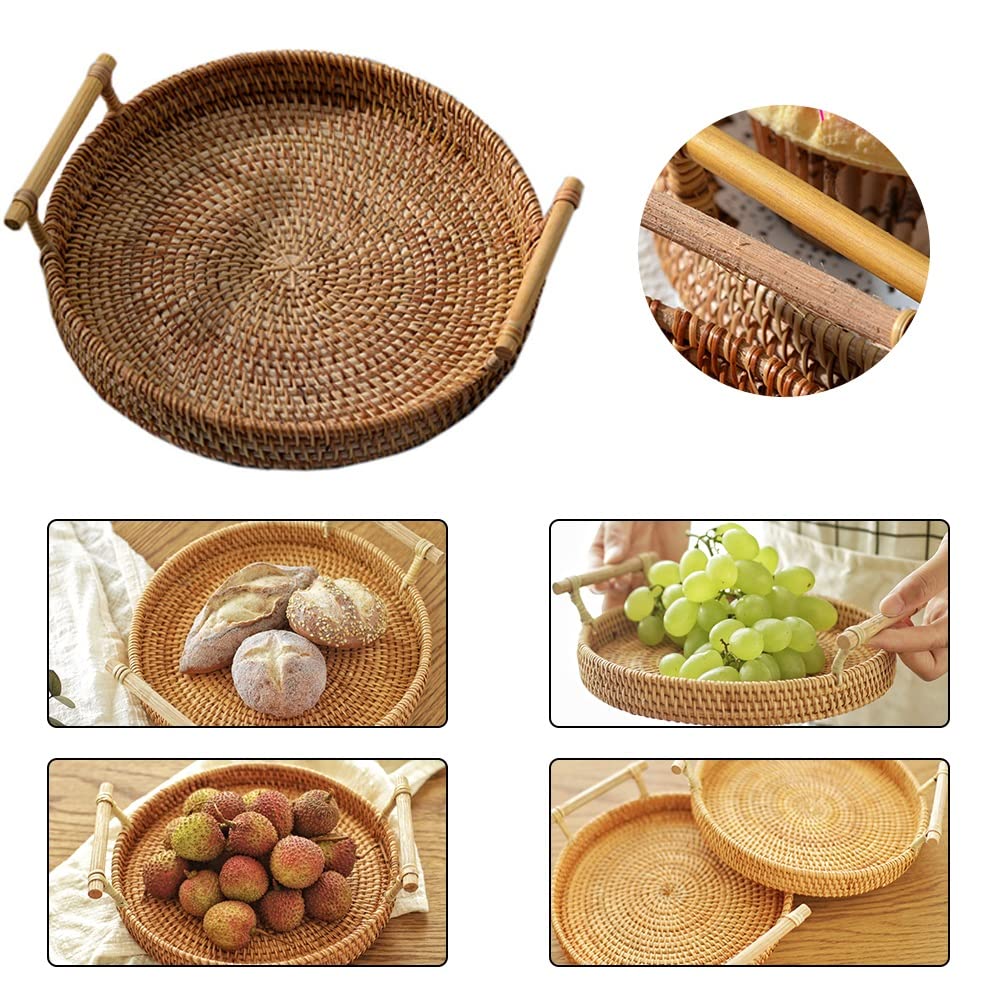 Cestas de Almacenamiento, Bandeja de Cestas Cesta de Mimbre Cesta de Picnic Tejida de Sauce Bandeja de Almacenamiento de ratán Tejida a Mano con Mango de Madera Bandejas de té (Color : A, Size : One S