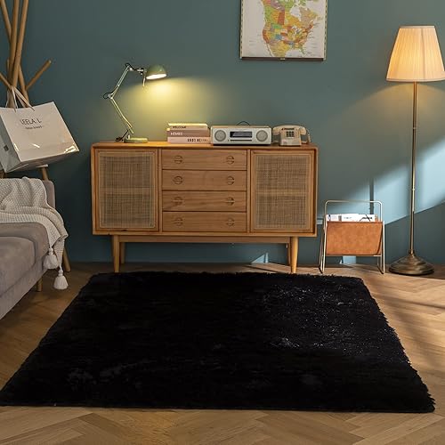 Aternoon Area Rug 5.3x7.5Ft Shag Area Rugs for Living Room Black Carpet Upgraded Non-Slip Super Soft Fluffy Area Rug for Bedroom Kid's Room Playroom Home Decor Black Fluffy Rug 5x8
