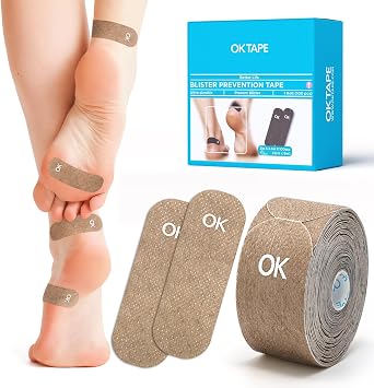 OK TAPE Blister Prevention Tape, 100 Pcs, Moleskin for Blisters, No-Residue Blister Bandages for Feet & Body, Heel Patches, 1.2in X 3.5in Precut Strips - Brown