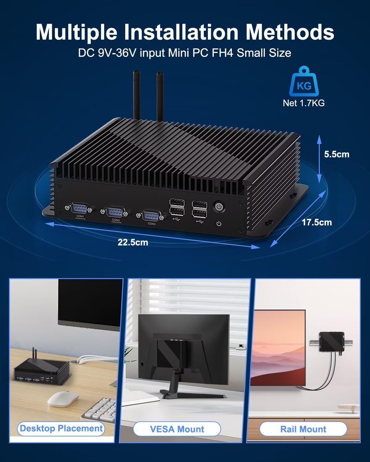 WEIDIAN Industrial Mini PC DC 9~36V, i5 1235U 32GB DDR5 1TB NVME SSD, (Fan Cooling) Win 11 Mini Desktop Computer 6xCOM(RS232/422/485) 4K 3xDisplays(2HD+DP) 8xUSB 2x2.5G LAN WiFi6&BT5.2 Auto Power On