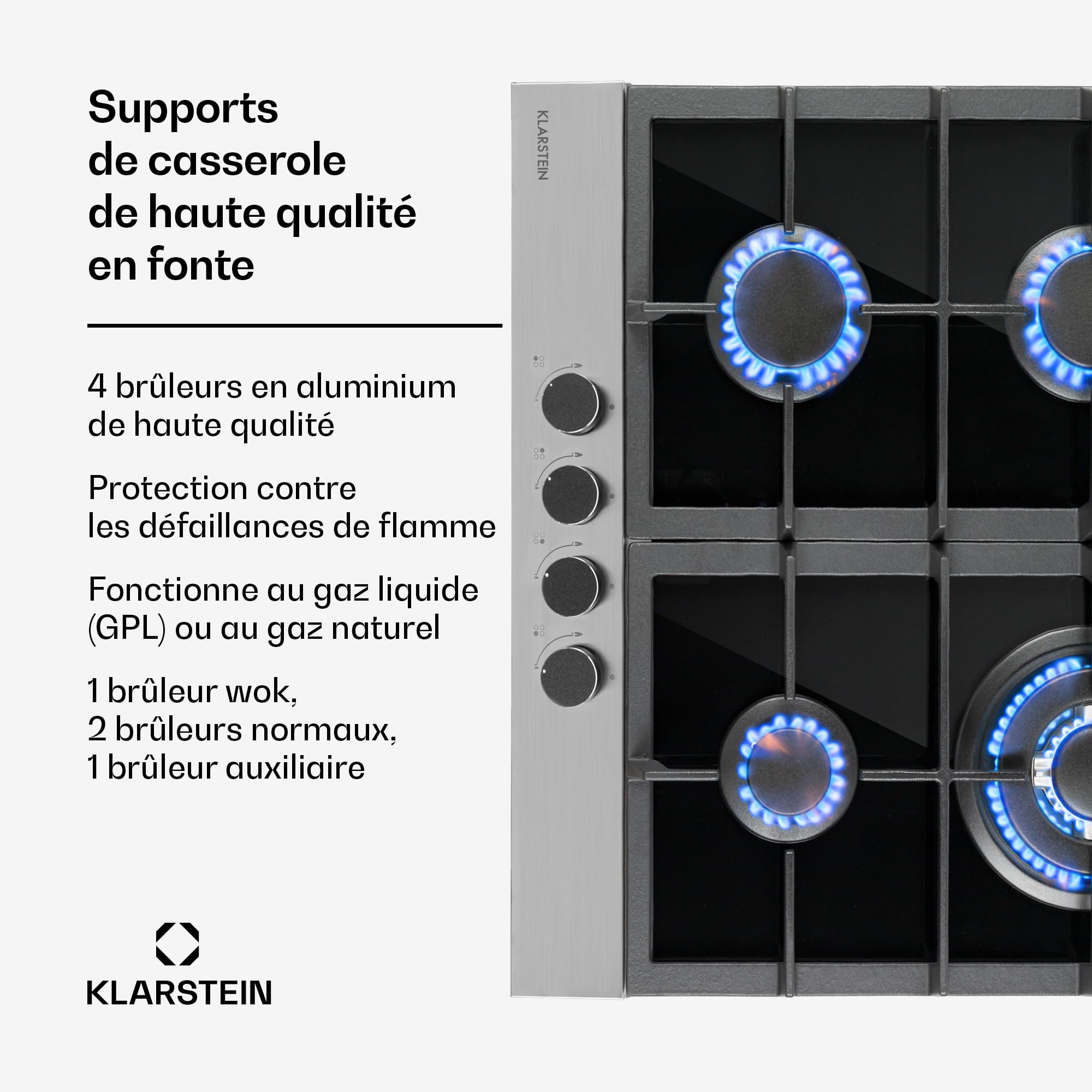 Klarstein Plaque de Cuisson Gaz 4 Feux, Table de Cuisson à Gaz 4 Brûleurs, Plaque 8.0 kW, Piano Cuisine en Acier Inoxydable, de Encastrable, a Cuisine Inox