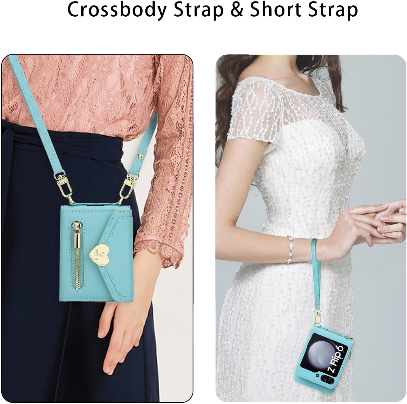 for Samsung Galaxy Z Flip 6 Case with Love Flip Wallet, Large Capacity for 8 Card Slots, and Long Strap - a Mini, Fashionable Crossbody Bag for Young, Stylish Women Shopping(Z Flip 6,Blue)