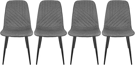 JIJIAN Lot de 4 Chaises de Salle à Manger, Chaise de Cuisine, Assise Rembourrée en Lin, Chaise Scandinave avec Pieds en Métal, Conception de Lignes Symétriques, Gris Foncé