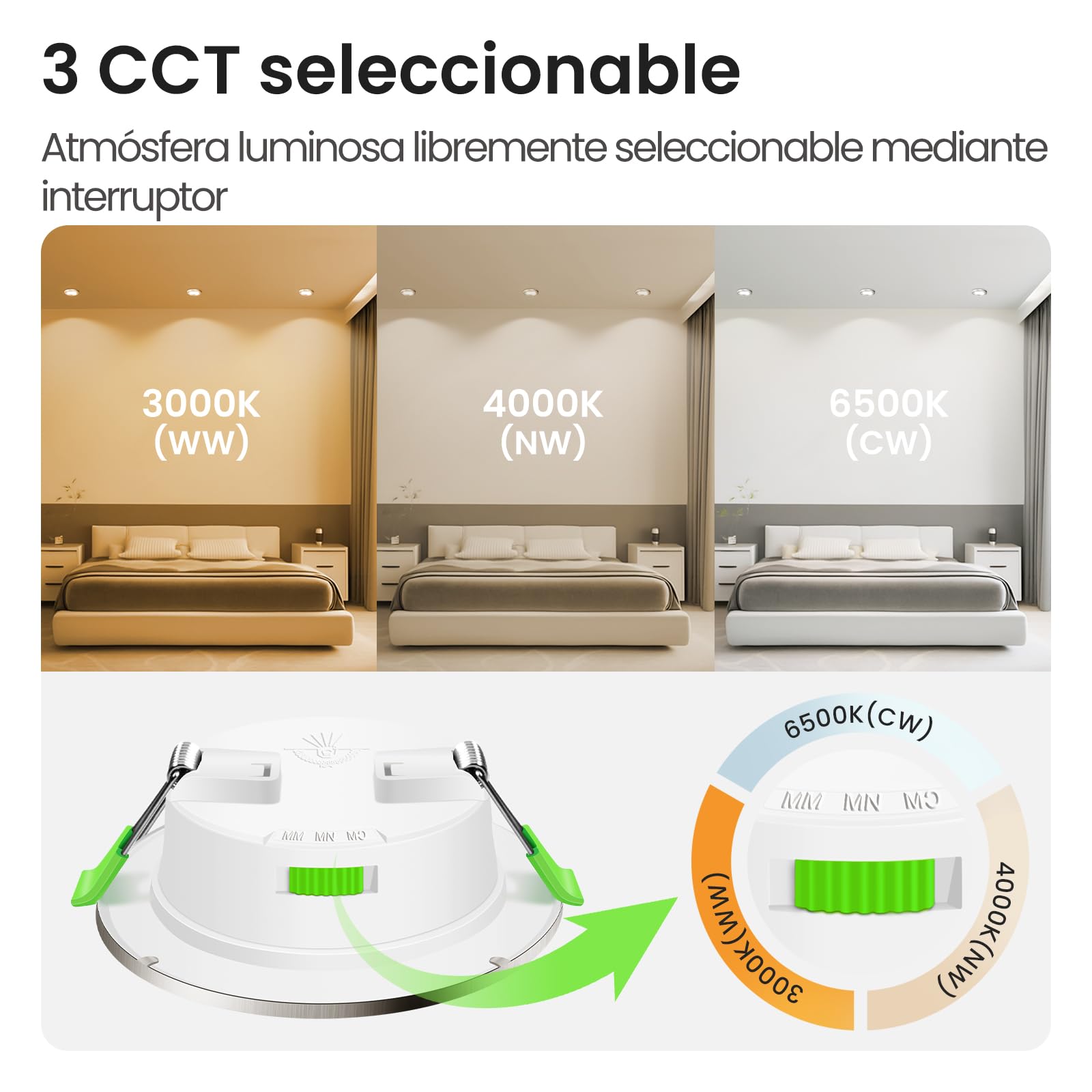 ALUSSO LIGHTING Focos Led Interior Techo,7W 550LM downlight led techo empotrable,3CCT 3000K 4000K 6500K, IP44 Corte 90-100mm, Foco Empotrable Led Techo Para baño,dormitorio,Níquel,12 Pack