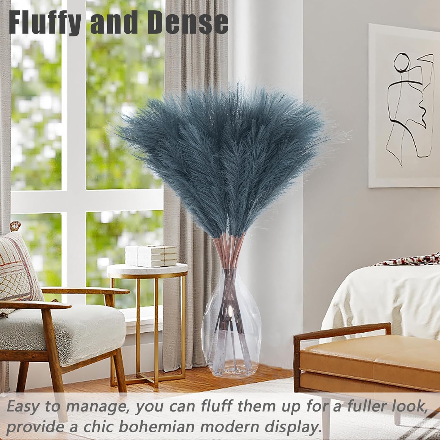 38" Faux Pampas Grass Decor Grey & Blue - Artificial Pampas Grass Small Pampas Grass Fluffy Pompas Floral Arrangement