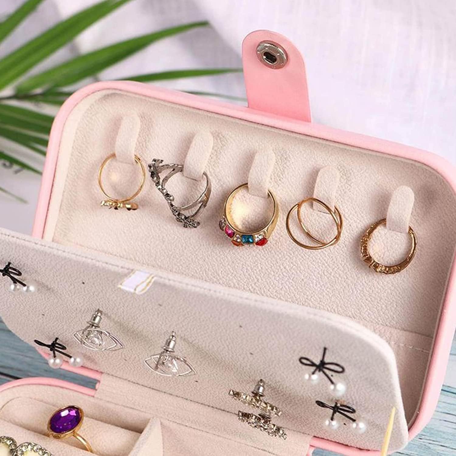Anjali Enterprises Jewellery Organiser PU Leather Zipper Portable Storage Box Case with Dividers Container for Rings, Earrings, Necklace Home Organizer, Pink