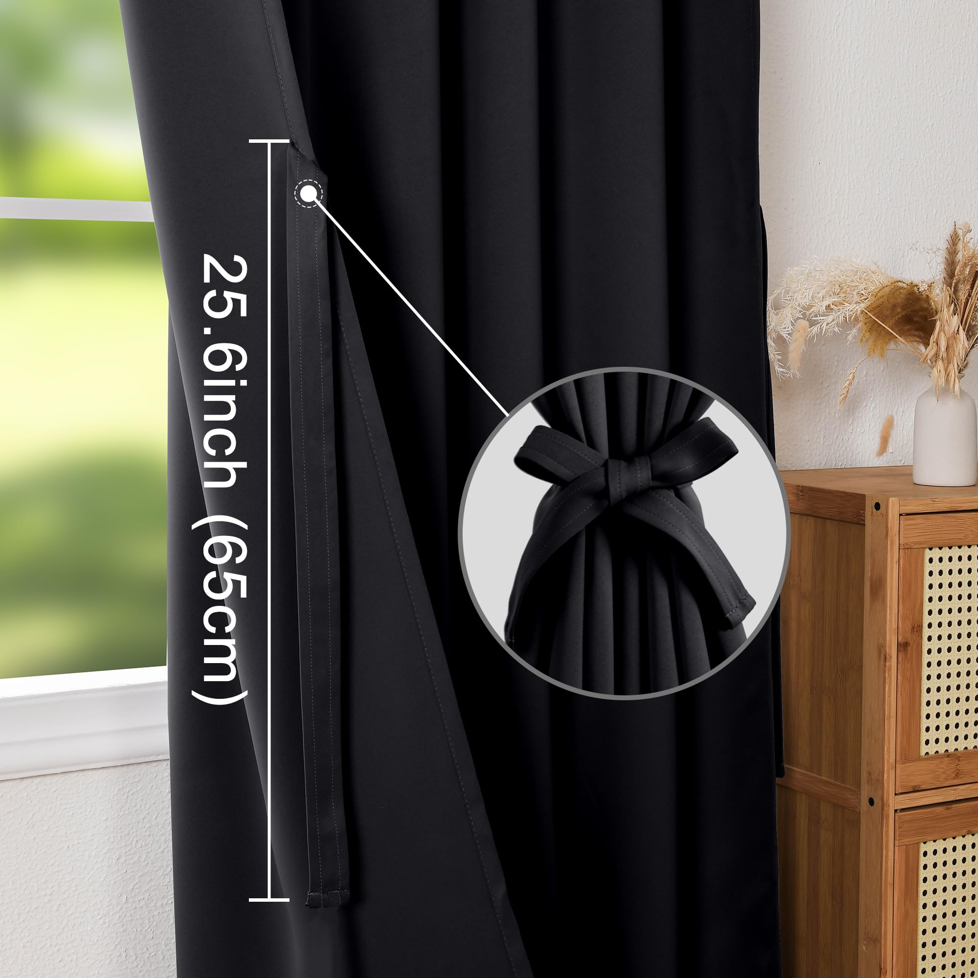 XWZO Verdunklungsvorhänge Schlaufenschal 2er Set Schlaufen Gardinen Tab Top Blickdichte Vorhänge mit Raffhalter für Schlafzimmer,Wonhzimmer,Büro,Schwarz,H260cm x B140cm,2Stücke(W55 X L102)