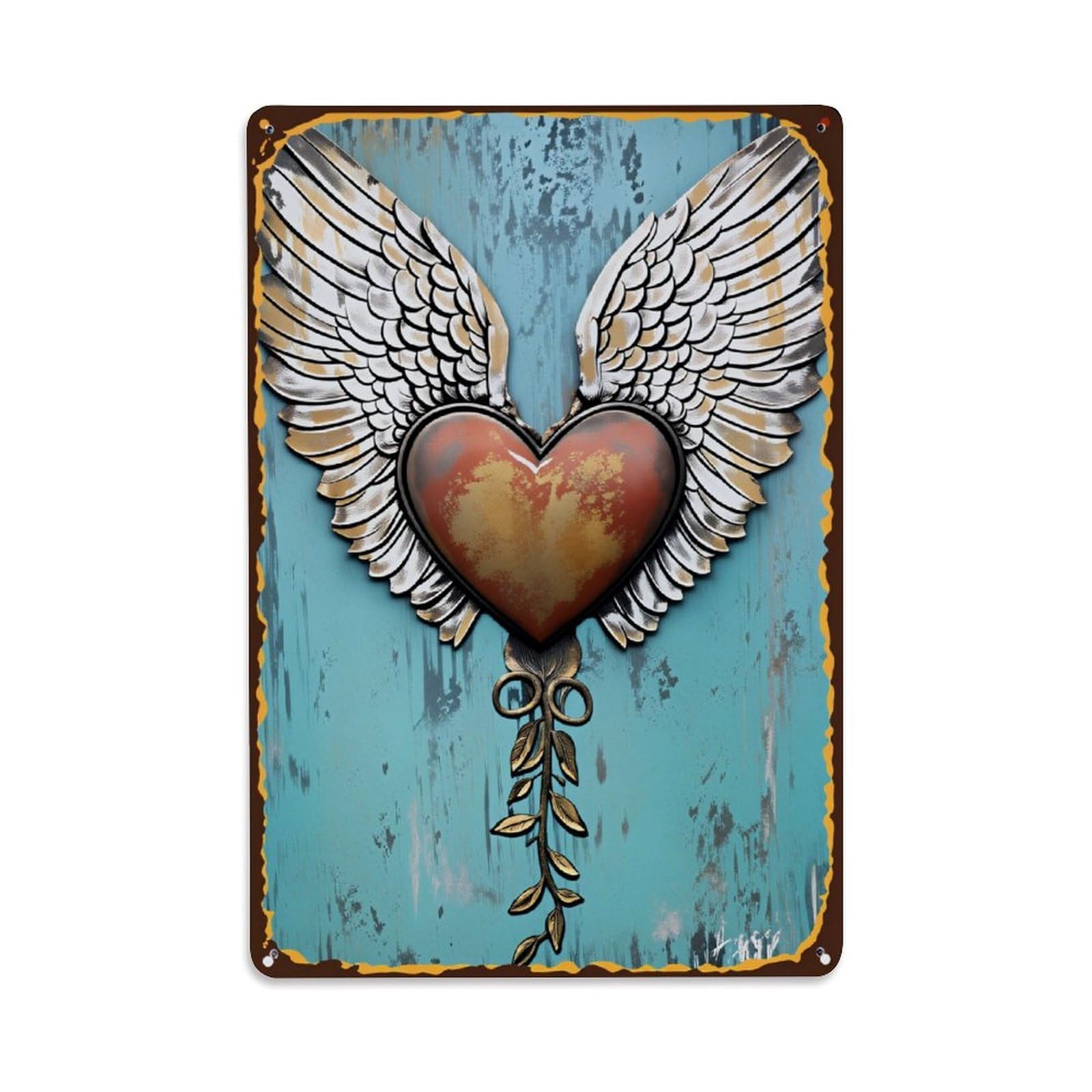 Lzwbntey Vintage Winged Heart With Vine Metal Tin Sign Retro Wall Decor For Home Bar Garage Cafe, Indoor & Outdoor Decorative Metal Poster, 8X12 Inch