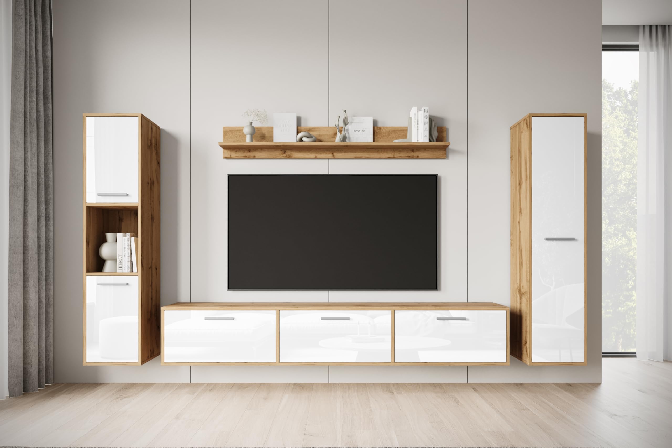 MINIO go for it - Wohnwand Wohnzimmer 4-teilig Toga, Wohnzimmer Möbel Set, 1x TV Lowboard, 2X Hochschrank, 1x Wandboard, Wohnzimmermöbel Komplett, Wohnzimmer Set - Farbe Wotan Eiche/Weiss Hochglanz