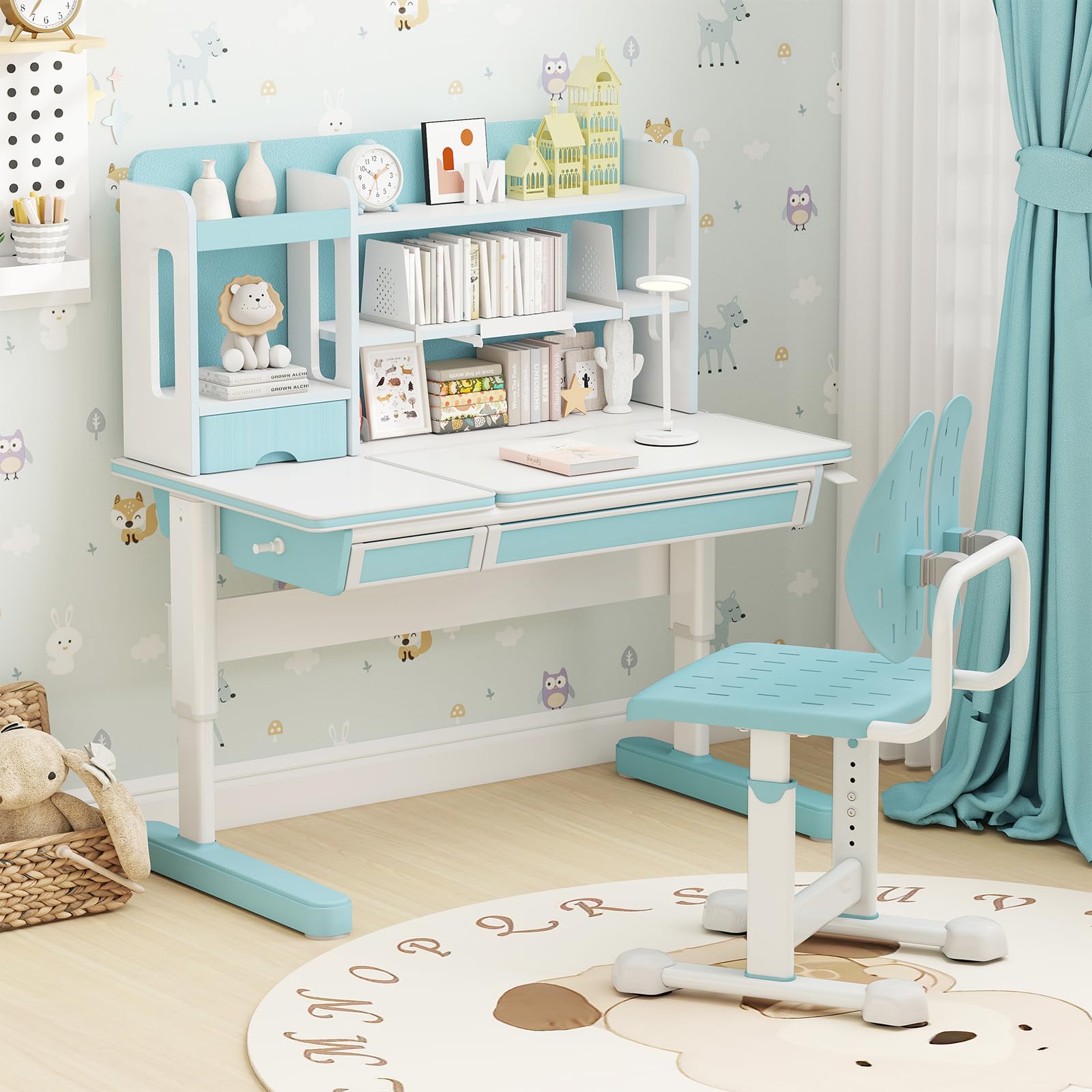 COSTWAY Silla Escritorio Infantil, Silla Juvenil para Escritorio con 5 Altura Ajustables, Doble Respaldo y Asiento Transpirable, Estructura Metálica, Asiento de Ordenador para Niños de 3+ Años (Azul)