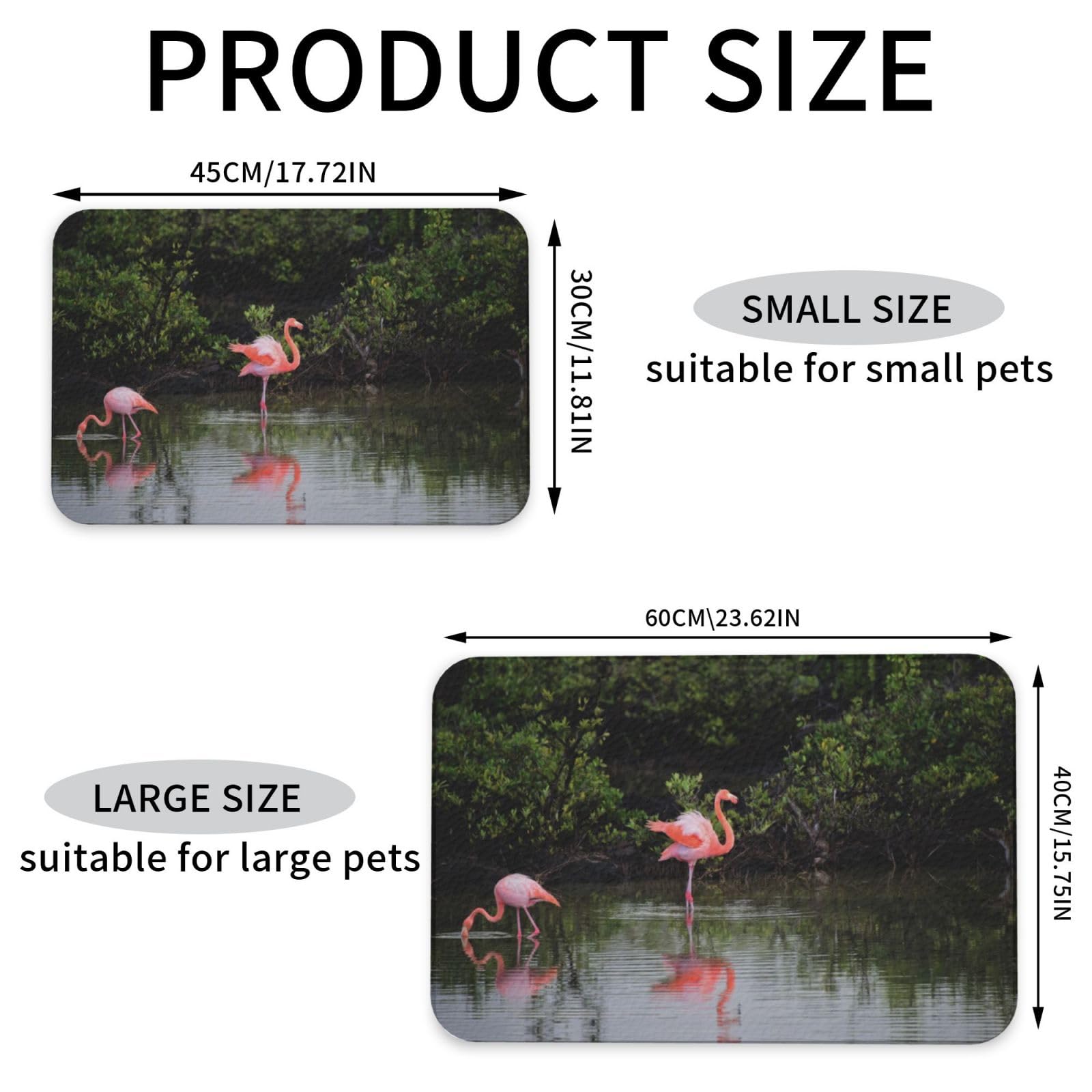 Zwei Flamingos bedruckte Futternapf-Matten, rutschfeste und geschmacksneutrale Futtermatten für Hunde und Katzen