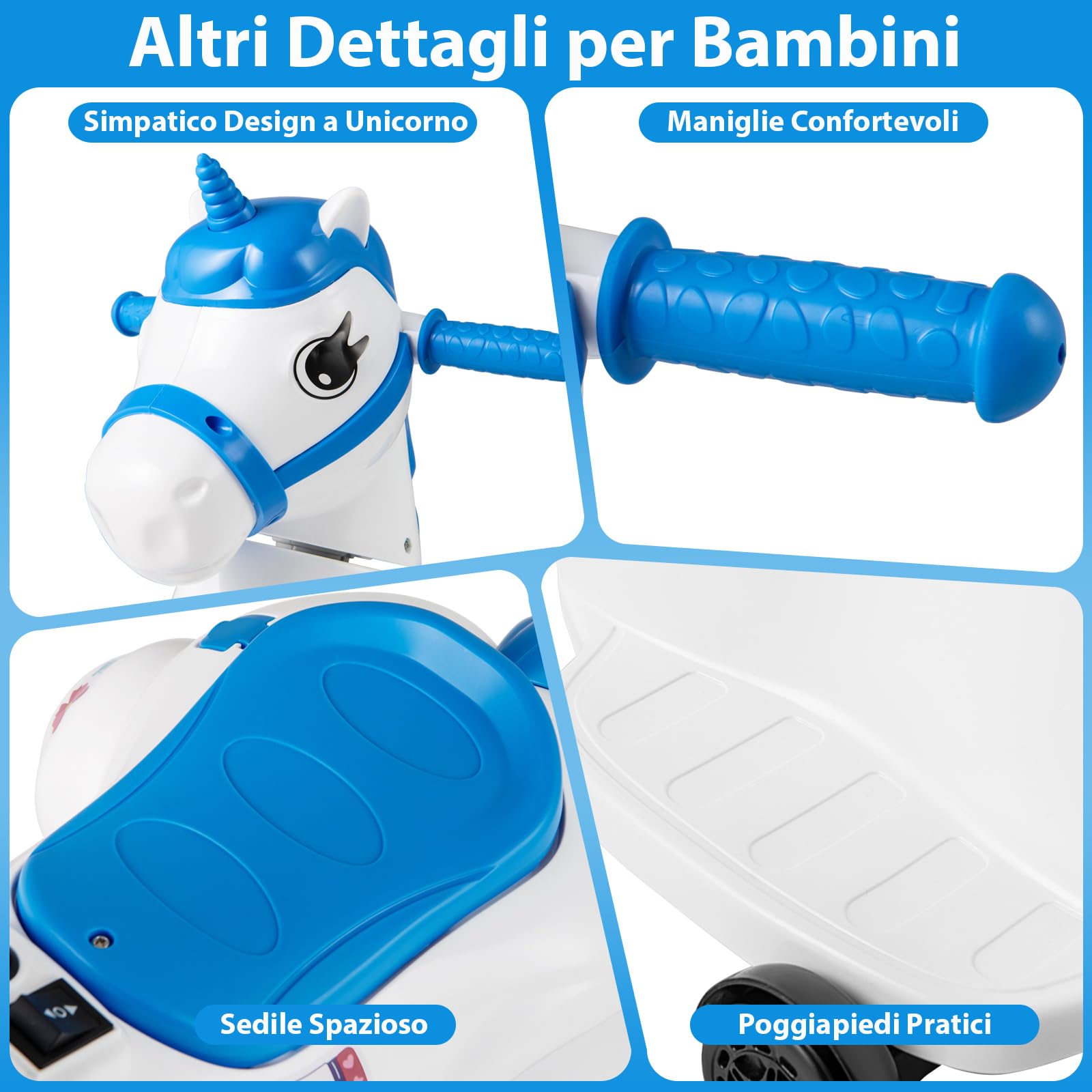 GYMAX Auto Cavalcabile Unicorno 12V, Veicolo Elettrico per Bambini con Funzione Altalena, Auto Elettrica con Ruote di Supporto, Musica e Indicatore di Batteria, per Bambini dai 3 Anni, Rosa/Blu (Blu)