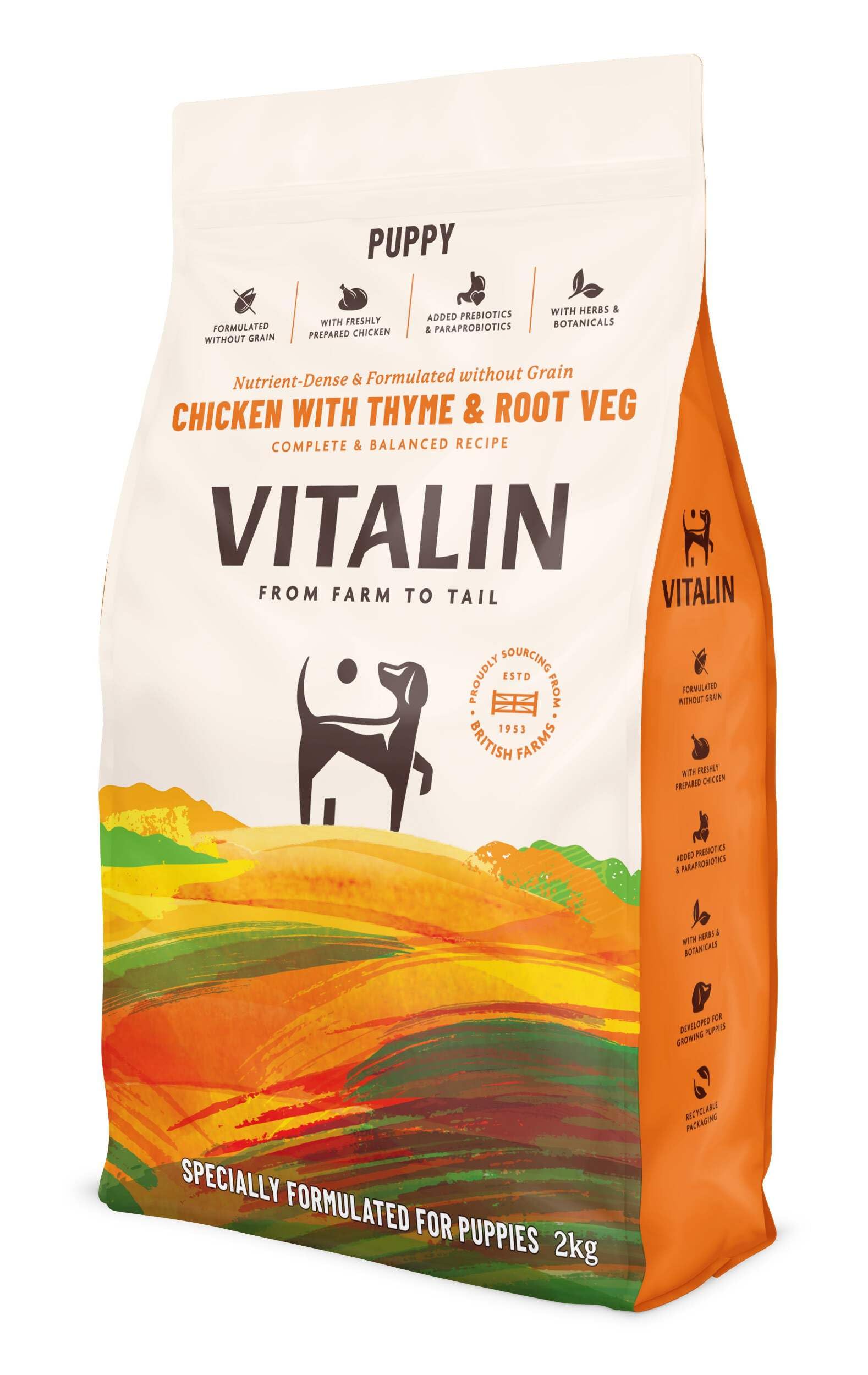 Vitalin Puppy Chicken with Thyme & Root Veg Dry Dog Food | Grain-Free Kibble for Growing Puppies | 2 Kg Pack of 4