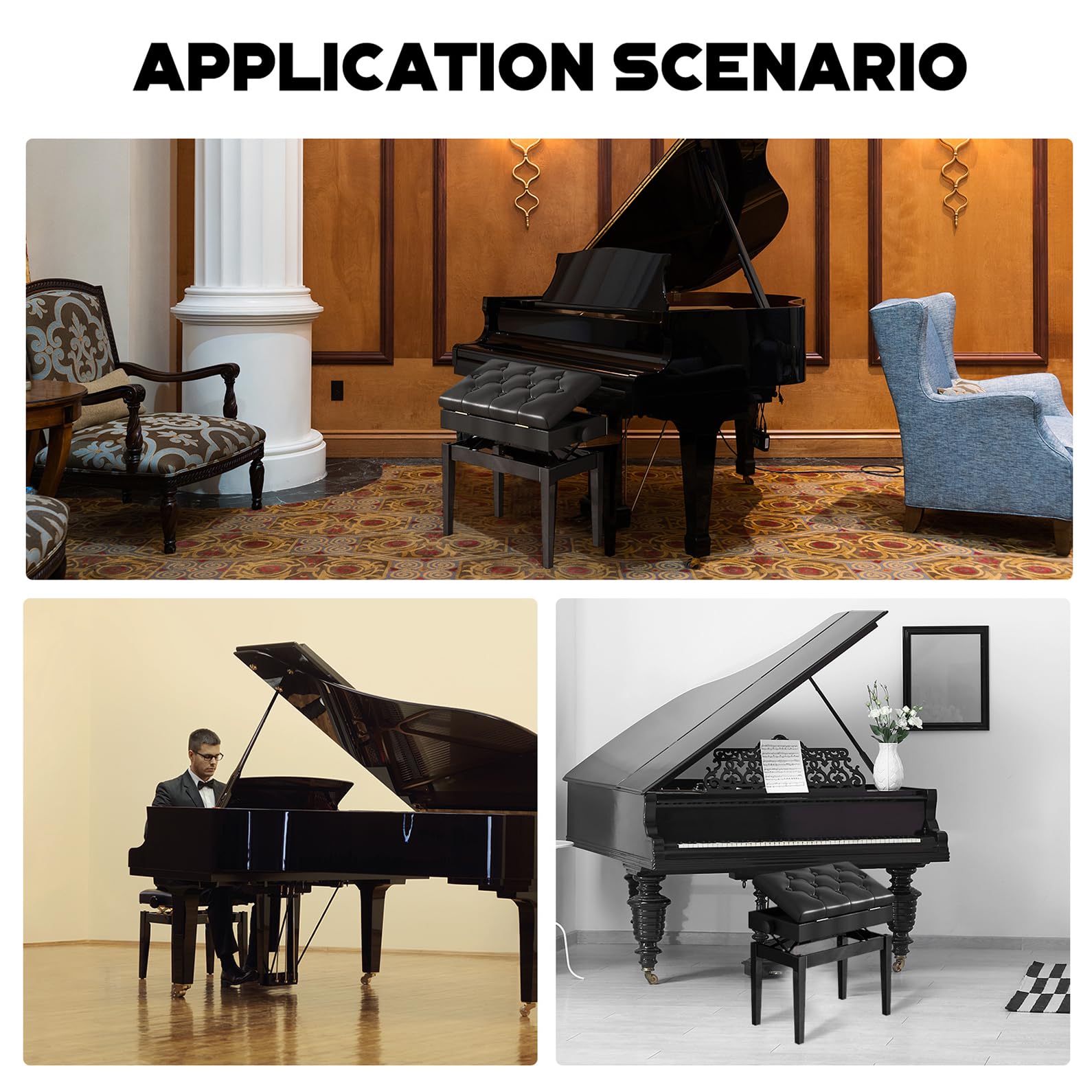 Klavierhocker verdicktes PU-Lederkissen,10-Knopf-Klavierbank in Schwarz,Höhenverstellbarer Klavierhocker,Massivholz Piano Hocker mit Ablagefach,Retro-Hocker,Ankleidehocker