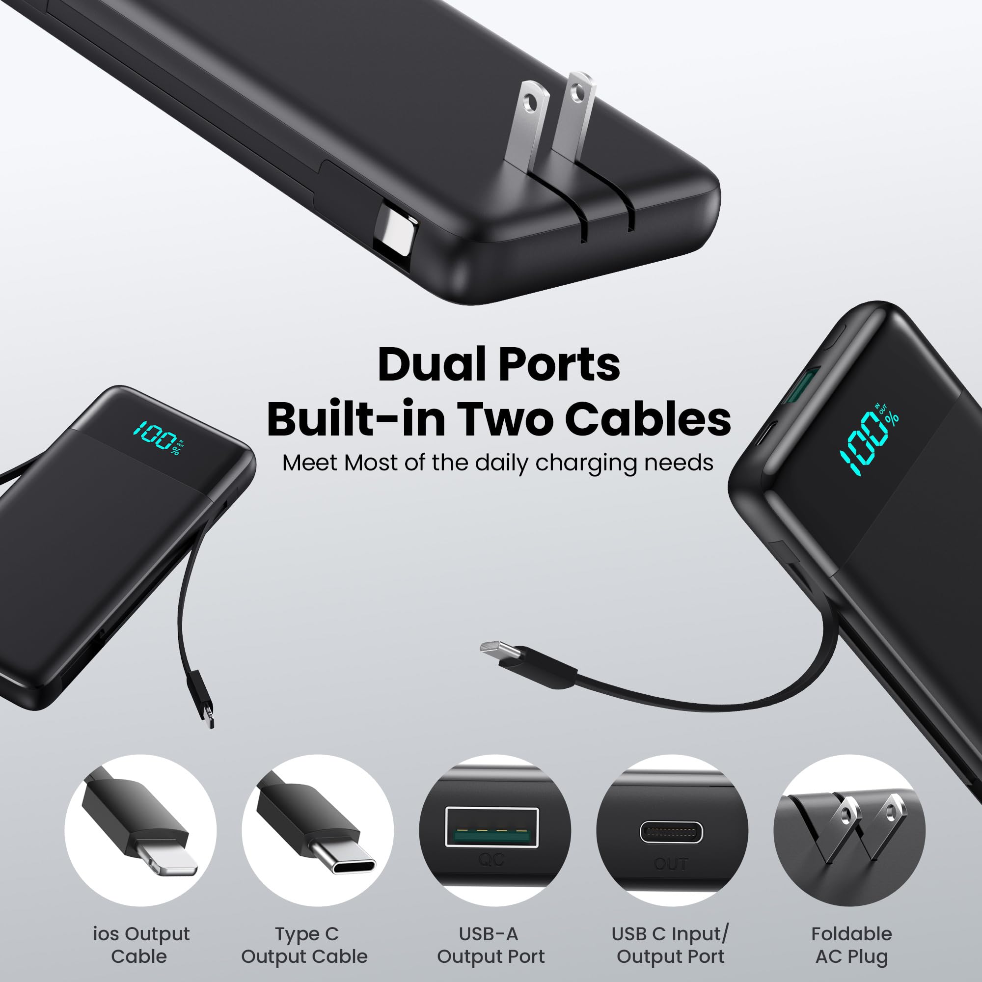 Cargador portátil con enchufe de CA integrado y cables, 13800 mAh todo en uno, USB C, cargador de batería portátil para iPhone 17/16/15/14/13, Galaxy, Android, etc