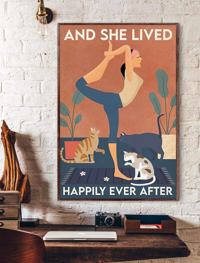 Inga And She Lived Happily Ever After Poster Love Yoga Poster Love Cat Poster Yoga And Cat Poster Vintage Yoga Poster Cat Lovers Gift Funny Gift Metal Signs 8x12 inch