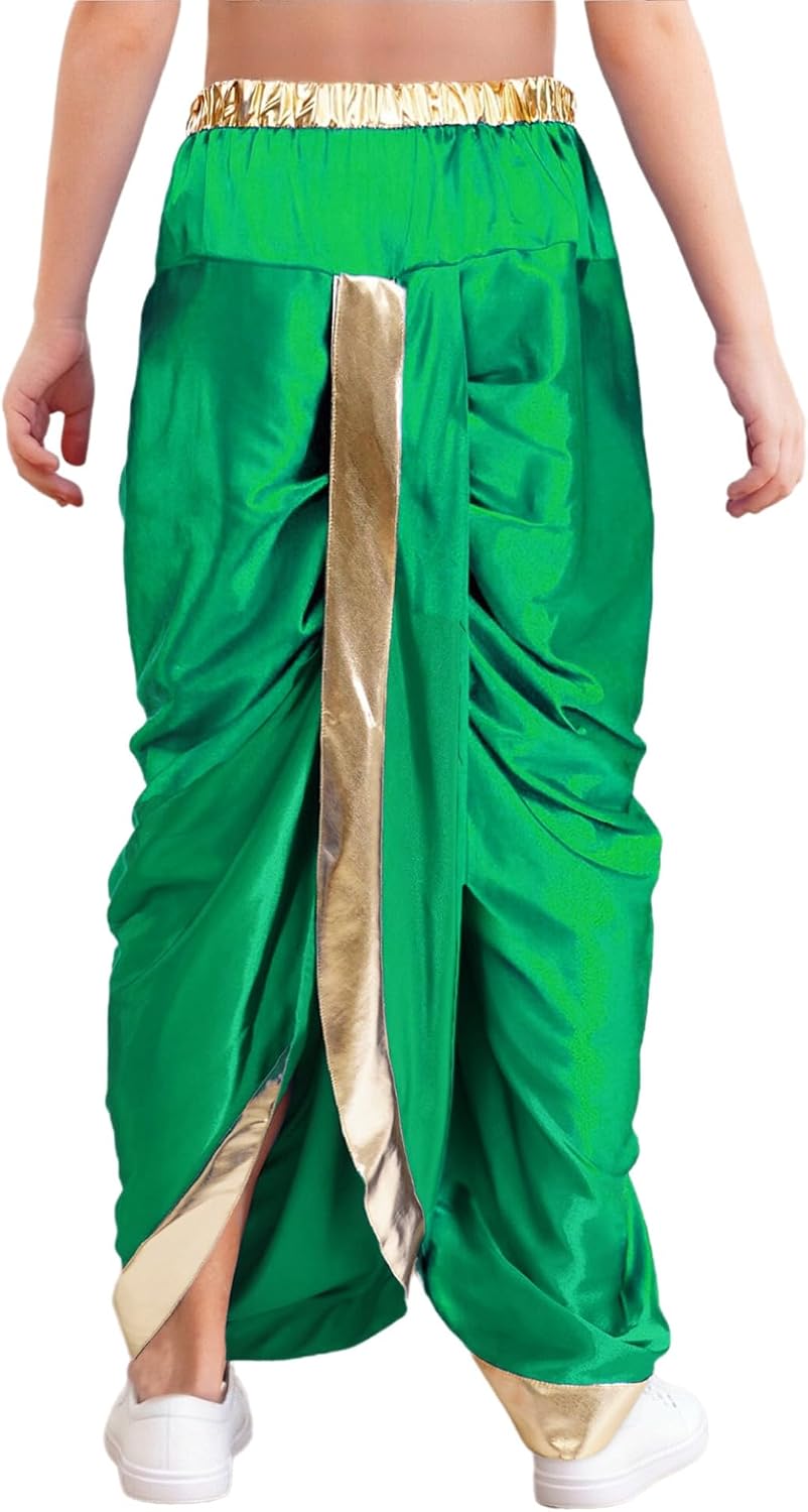 Kids Boys Satin Indian Dhoti Pants Metallic Elastic Waist Hippie Dance Harem Draped Baggy Yoga Trousers