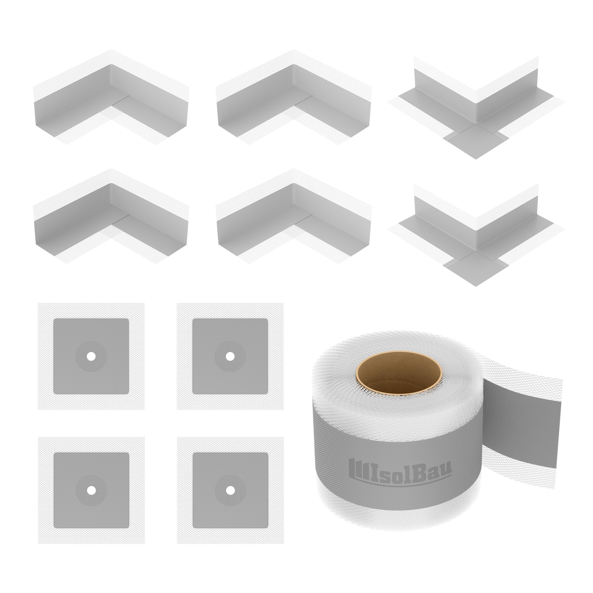 Isolbau 105G Bandset - Juego de juntas para interiores y exteriores, incluye cinta de sellado de 20 m, 4 esquinas interiores, 2 esquinas exteriores y 2 manguitos de pared, impermeabilización para