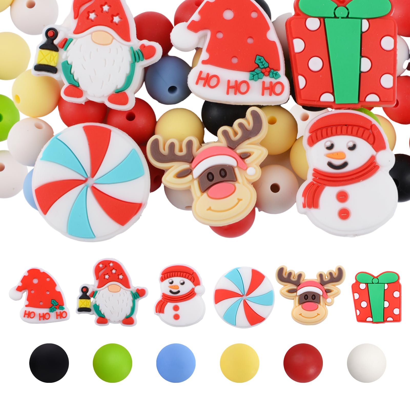 URROMA 36Pcs Christmas Silicone Beads Loose Beads with Santa Claus Snowman Shape Irregular&Round Spacer Bead for DIY Bracelet Craft Making