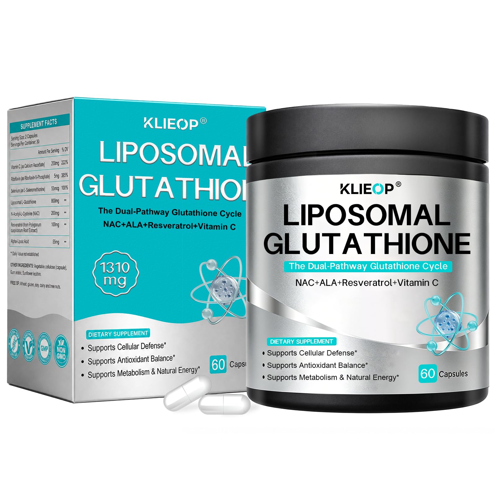 klieop Suplemento de glutationa lipossomal com Glutora, vitamina C, NAC e ácido alfa-lipoico 800 mg, 60 cápsulas