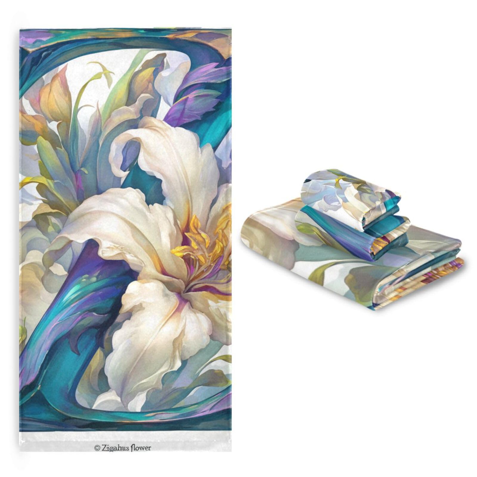 Floralmorphic - Set di 3 asciugamani per la pulizia del viso, con lettera Z, fiori di giglio bianco, 1 asciugamano da bagno, 1 asciugamano per mani, 1 panno per la pulizia del viso e del corpo