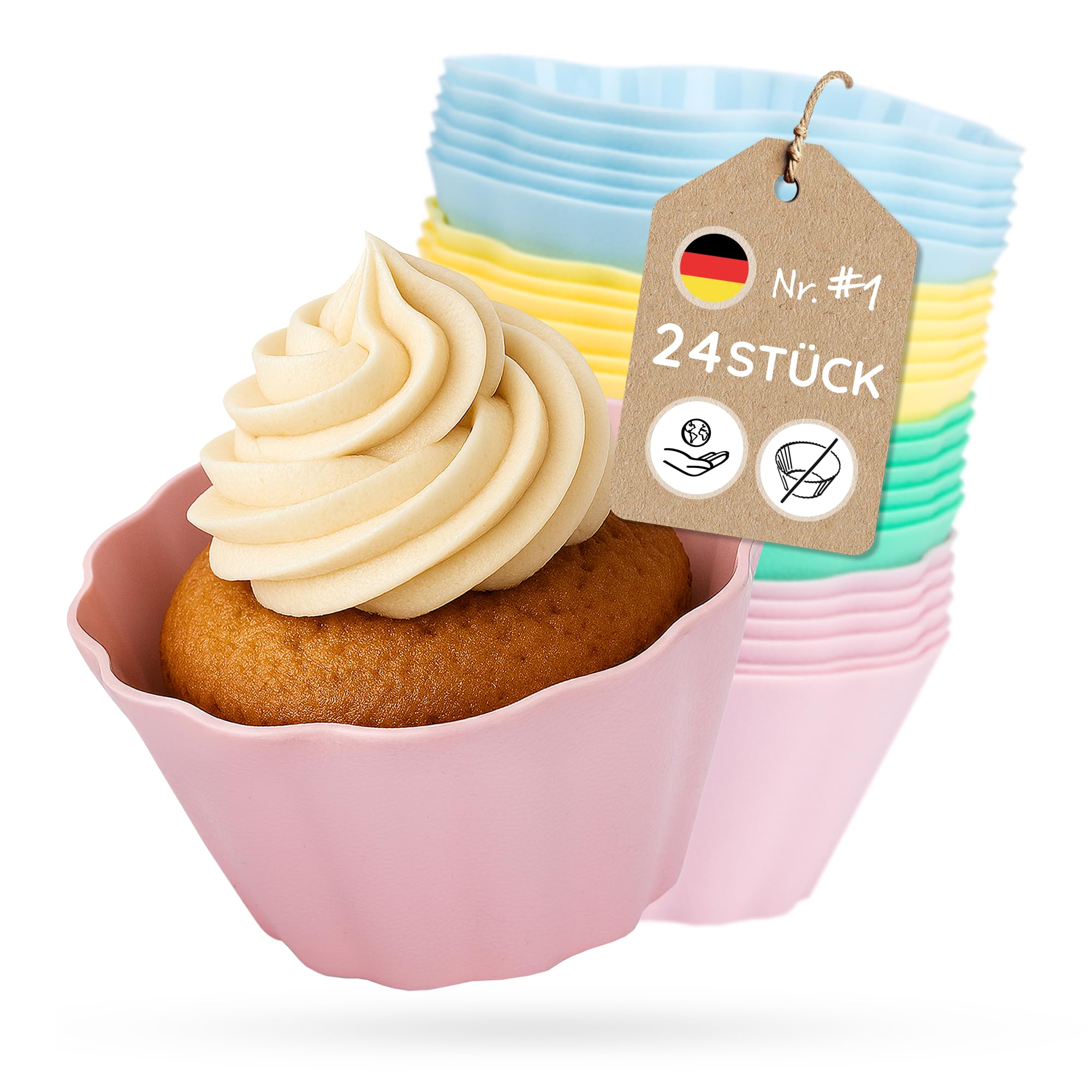 Backefix Silikon Muffinförmchen 24 Stück – 7,5 x 4 cm und 100 ml pro Cup, wiederverwendbare Cupcake Förmchen statt Einweg, formstabil, Airfryer geeignet, in sanften Pastellfarben, BPA- & PFAS-frei