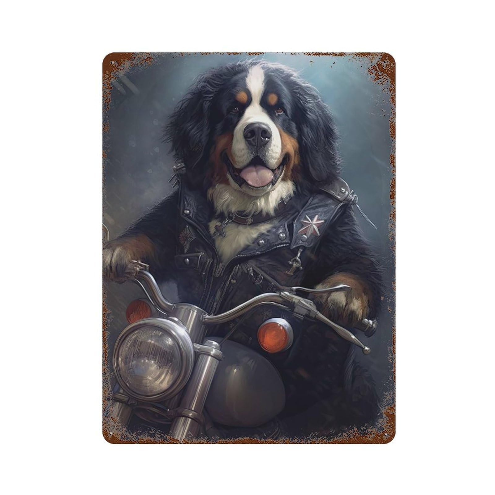 Bernese Mountain Dog Biker 15.7"x11.8" Rust Effect Tin Sign, Industrial Home Decor for Living Room, Hallway And Home Decor