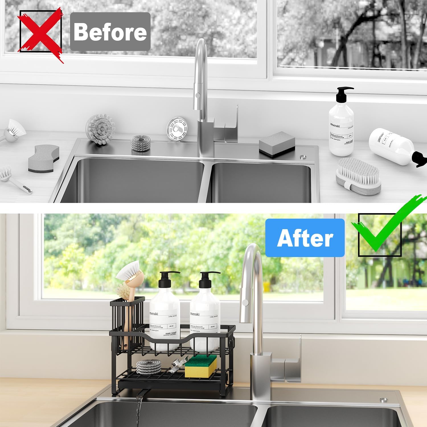 2-Tier Sponge Holder for Kitchen Sink, Caddy Organizer with High Brush Holder, Durable & Rustproof Kitchen Sink Accessories (Black) - Image 5