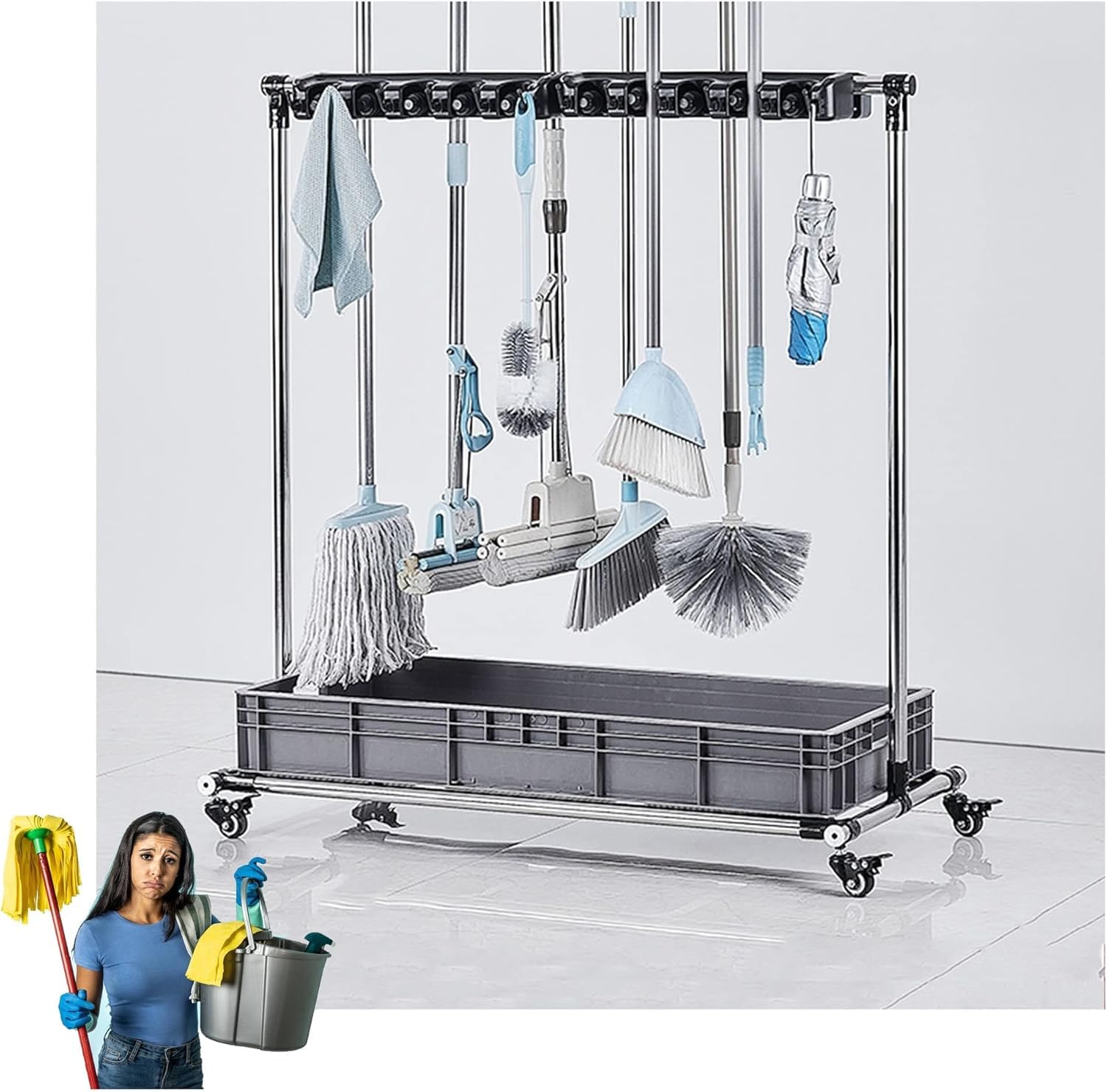 ASerZenith Movable Floor Standing Utility Mop Broom Holder Commercial Cleaning Tool Cart,Housekeeping Supplies,Wet Mop Drain Rack Garden Tool Hanger Shelf With Wheels,For Hotel,Fact,Clad-8Slots