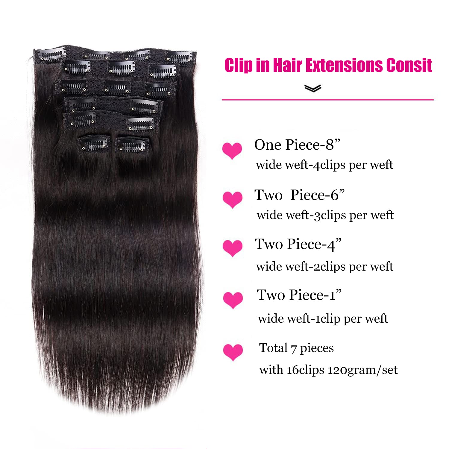 Clip in Hair Extensions Real Human Hair, 120g/set 7pcs, Thick Remy Human Hair Clip in Extensions, Brazilian Straight Human Hair Clip ins for Women (1b, 16 inch)
