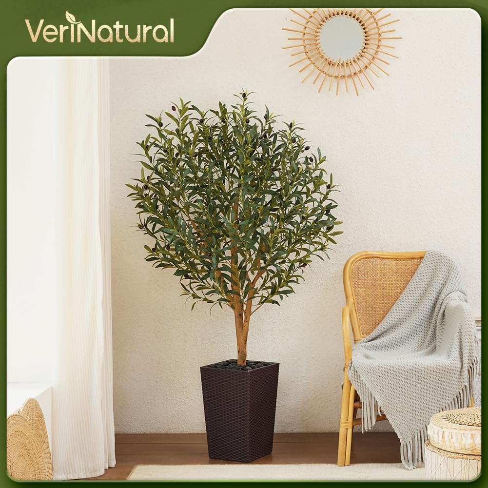 Artificial Olive Tree 5FT, Faux Olive Trees with Real Wood Trunk, UV Resistant Fake Plants in Planter & River Rocks, Indoor Tall Silk Plant for Home Living Room Office Outdoor Decor, VN133
