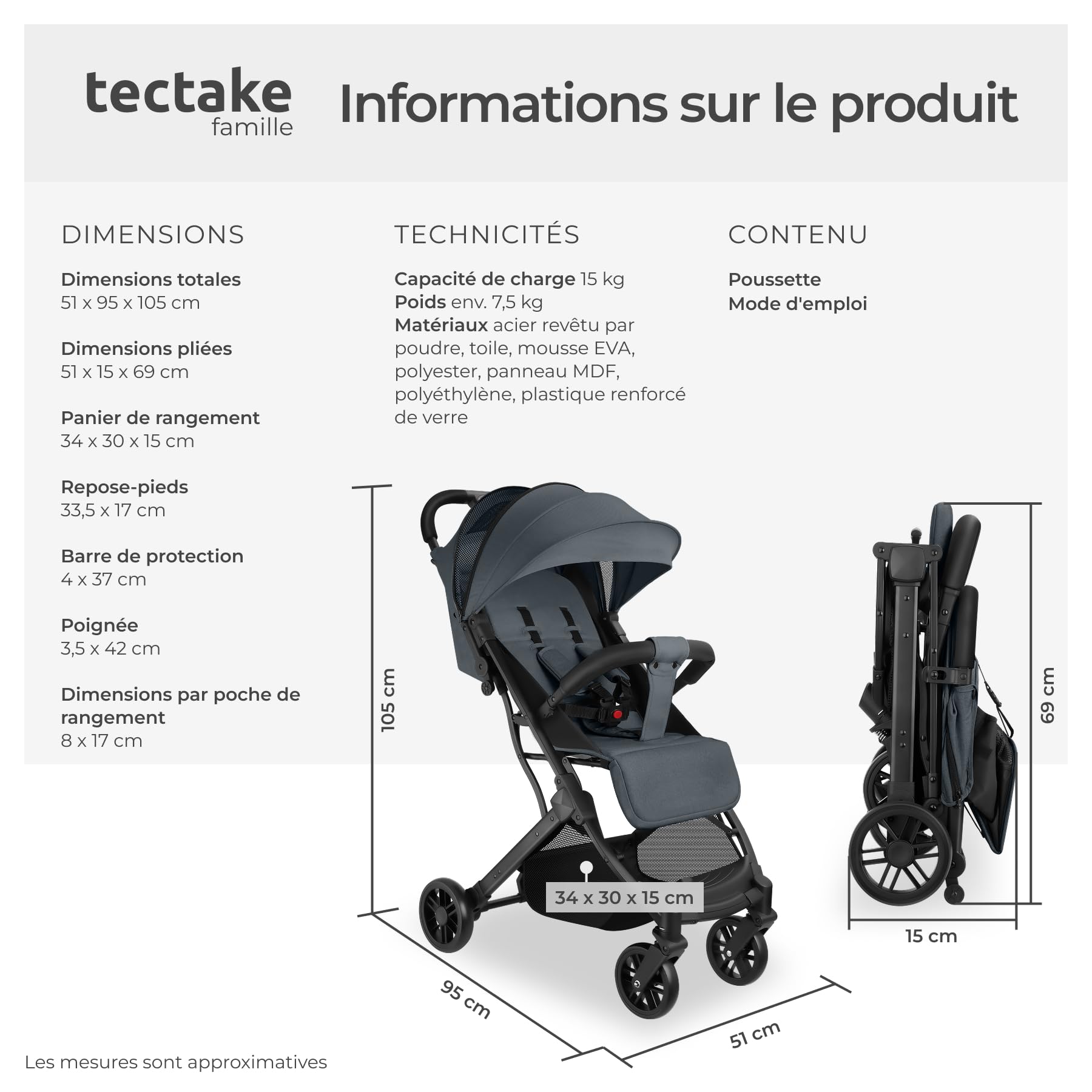tectake® Poussette compacte 0-36 mois Pliable avec Panier de rangement Dossier inclinable Harnais 5 points Poussette compacte & légère Poussette voyage Accessoires Bébé Nouveau né Enfant Baby stroller