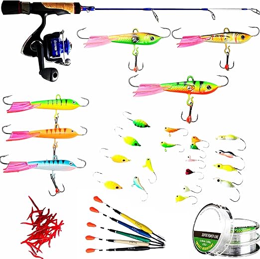 Frozen Lines Ice Fishing Rod and Reel Combo | Durable and Premium Quality Ice Fishing 75pcs Kit | Ice Fishing Jigs Lures Line Rod Reel Floats Included |