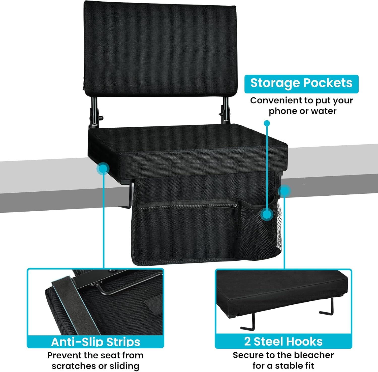 Stadium Seat with Back Support, Padded Ergonomic Back, Cushion Wide, Portable, Foldable, with Pocket & Shoulder Strap, Perfect for Sports Events