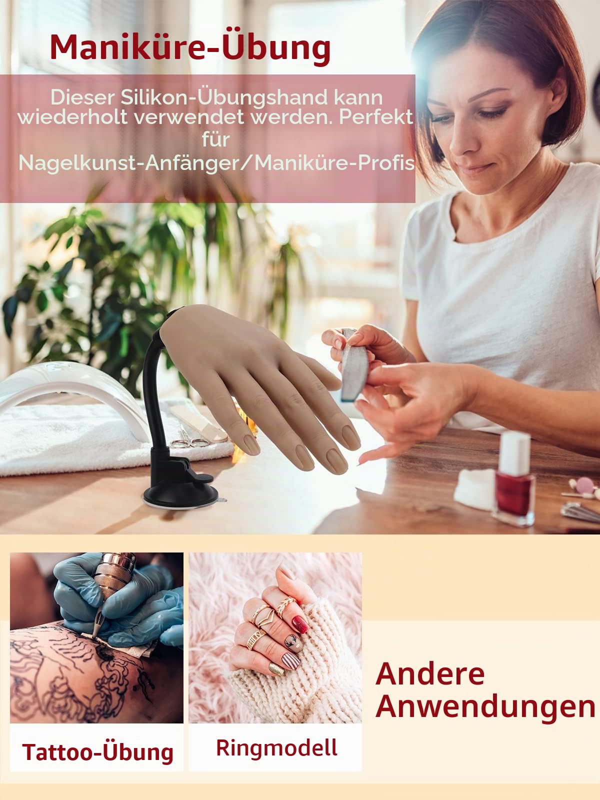 Yokilly Übungshand Für Nageldesign,Silikon Hand Für Gelnägel-100 Stück Künstliche Nägel,Fake Nägel Übungshände Hand Training Übungsmodell Nail Art Maniküre Set Für DIY