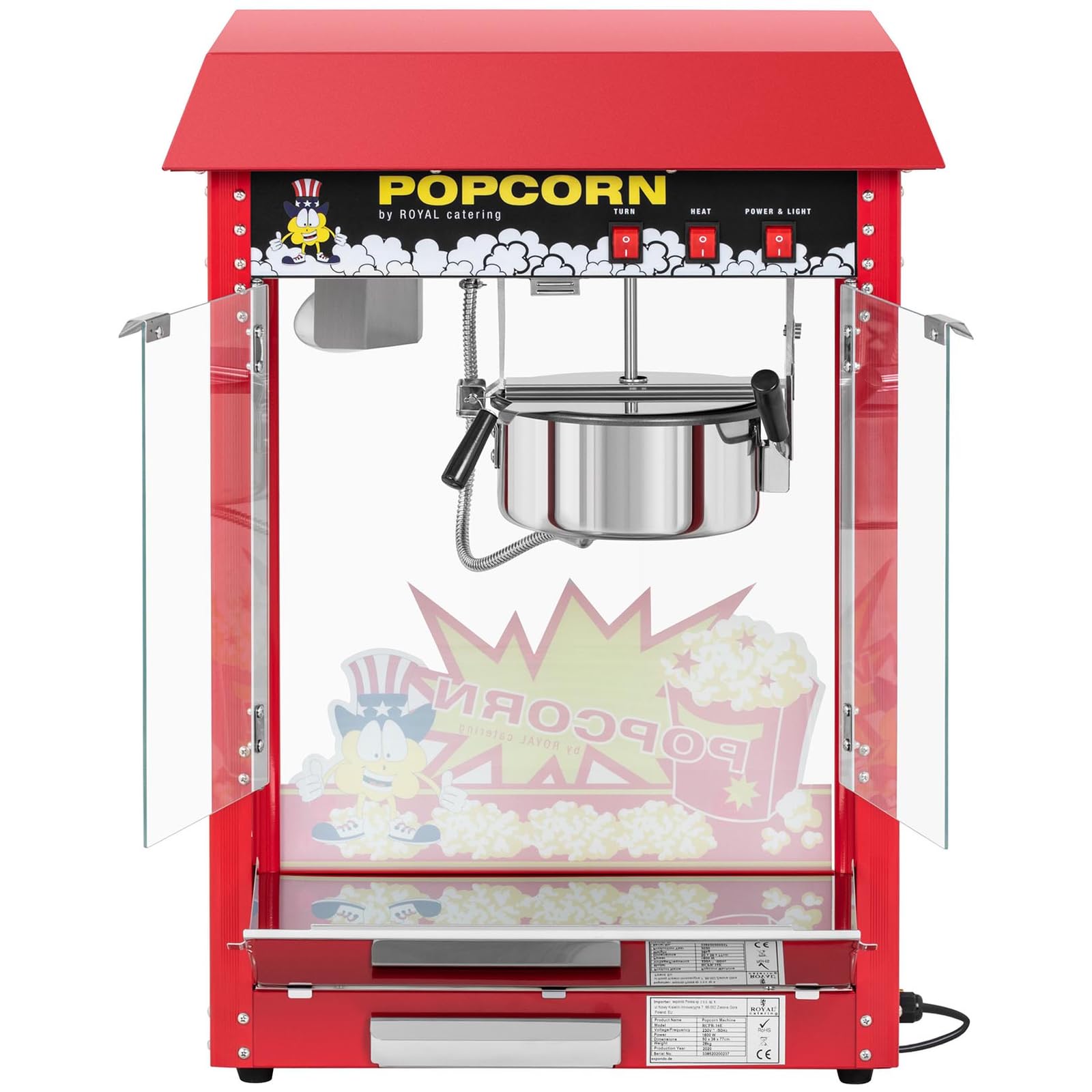 Royal Catering Macchina per Pop Corn (Tetto rosso, Ciclo di Lavoro 120 s, 1.500 W, 250 °C) Macchina per Fare i Pop-Corn