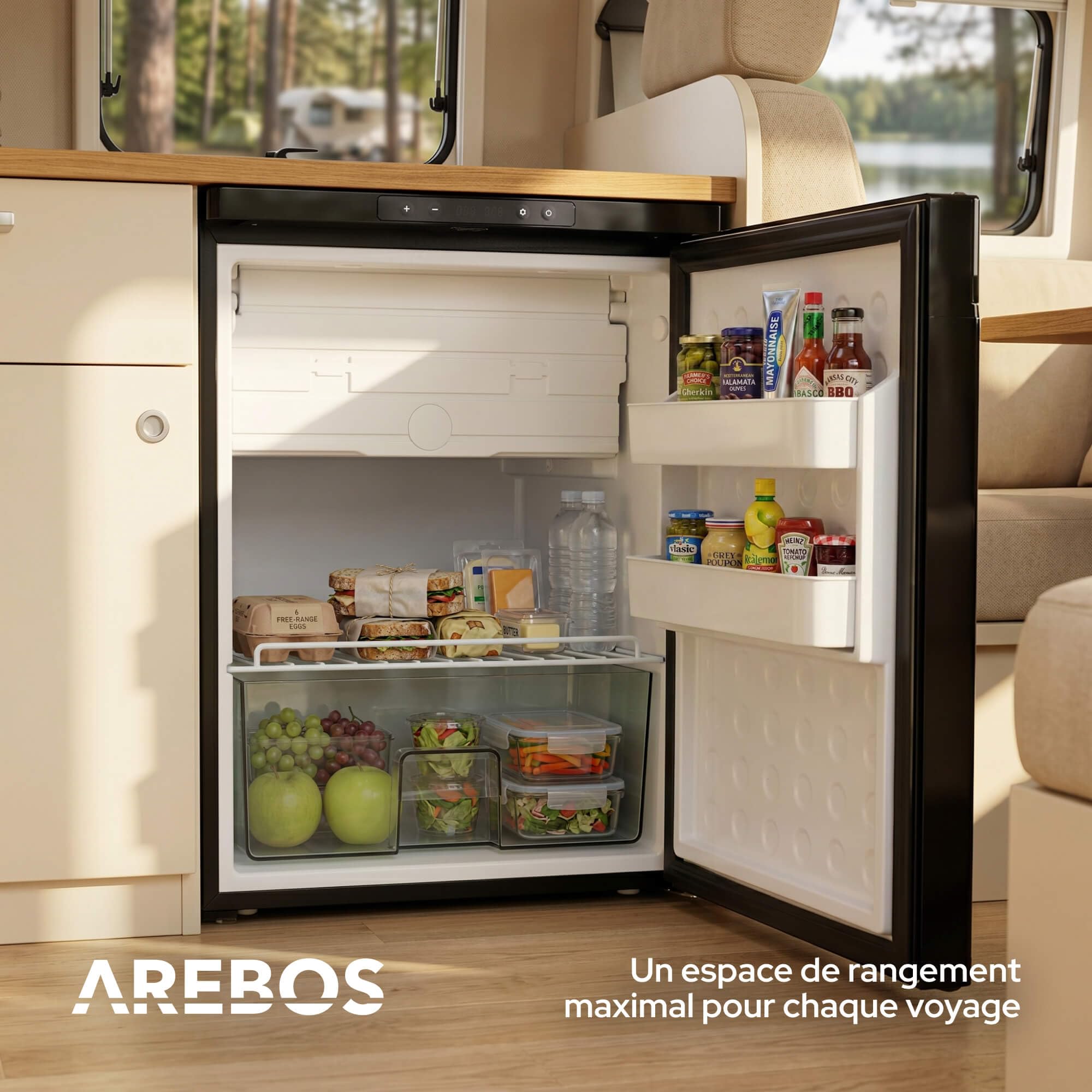 AREBOS Réfrigérateur à Compresseur pour Camping-Car 65 L avec Compartiment Congélateur | Contrôle via APP | 12V/24V | Jusqu'à -20°C | Porte Réversible | Réfrigérateur pour Camping-Car, Van & Camion