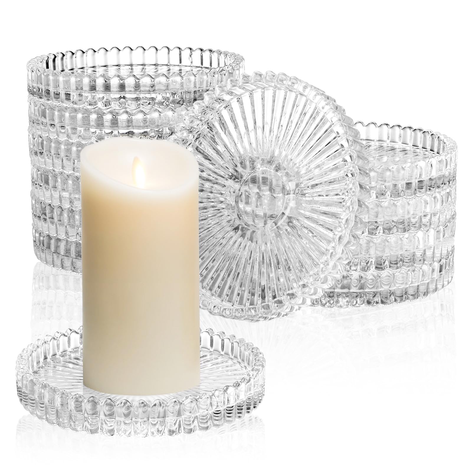 Elsjoy Confezione da 12 portacandele in vetro da 10,2 cm, rotondi in vetro trasparente a coste, sottobicchiere moderno per candele, per matrimoni, feste, centrotavola
