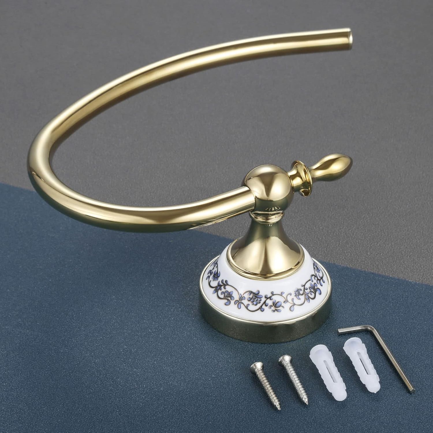 LSLYTQ Gold Towel Ring Hook Hand Towel Holder,Wall Mounted Rack Blue & White Porcelain Stainless Steel Old European Luxurious Bathroom Decor